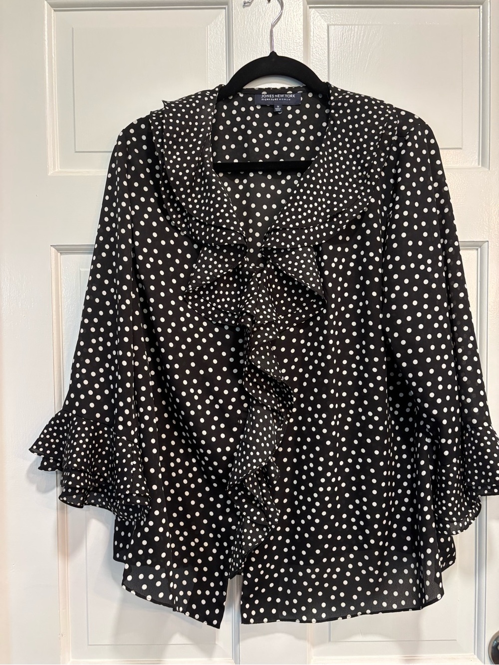 Jones New York Black and White Polka Dot Ruffle Front Blouse 3/4 sleeves